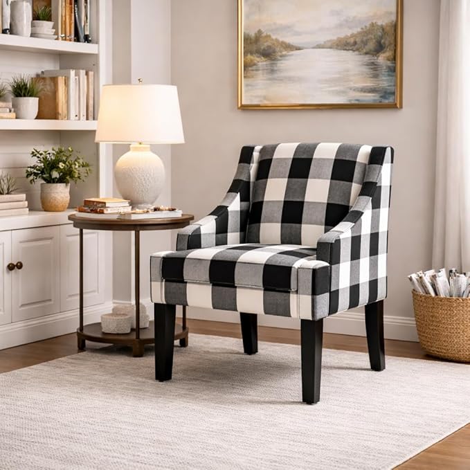 Homepop Home Decor | Upholstered Swoop Arm Accent Chair | Accent Chairs for Living Room &amp Bedroom | Decorative Home Furniture Black Plaid