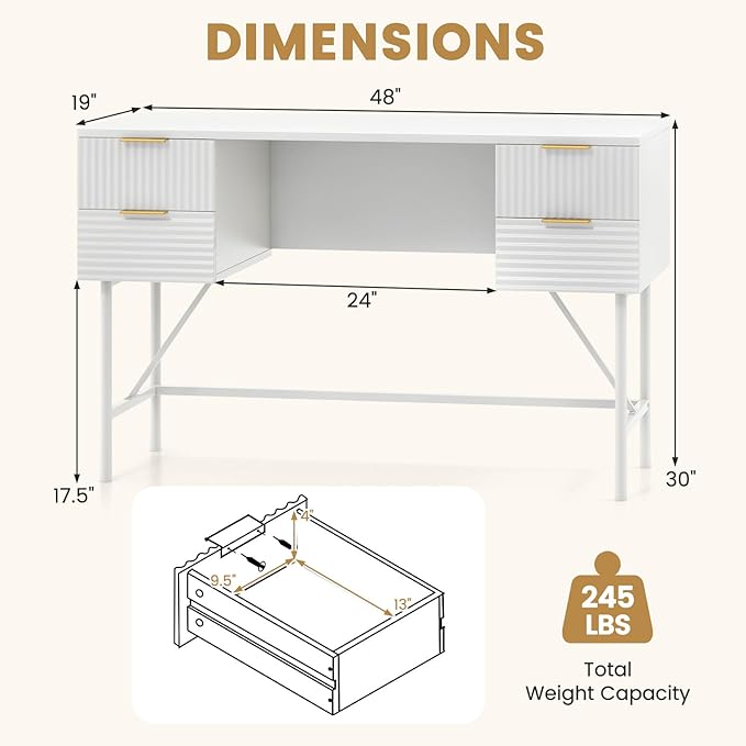 Giantex Modern Desk with 4 Drawers 48 Inch Computer Desk with Storage Heavy-Duty Gold Metal Frame Makeup Vanity Dressing Table White and Gold Desk for Bedroom Study Home Office