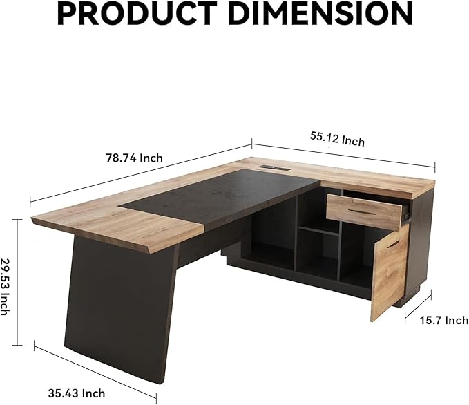 L Shape Executive Desk Large Office Desk with Drawers &amp Shelves 78.74 Inches Industrial Wooden Desk with Storage Modern Computer Desk for Home Office Black and Brown Left Side