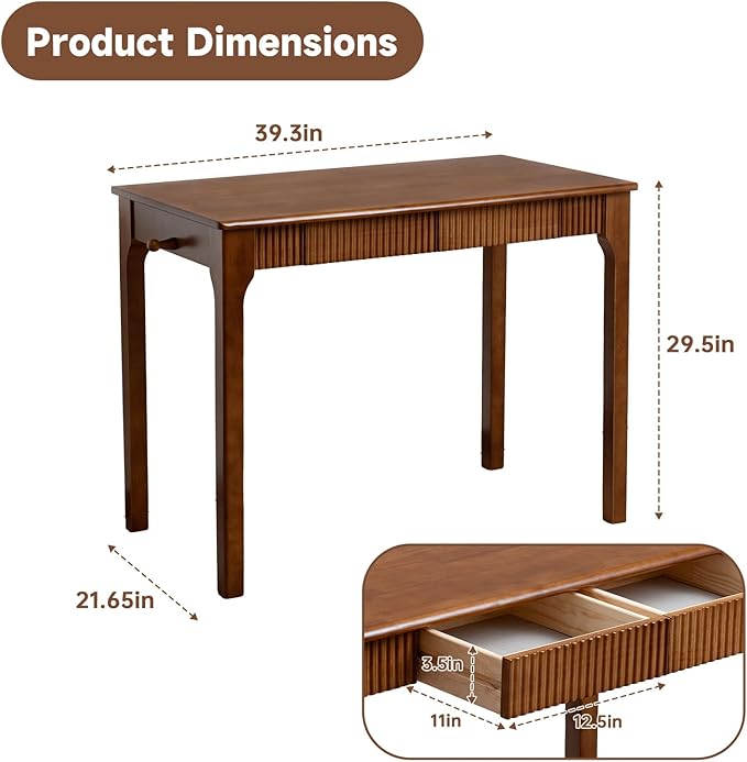 39.4'' Solid Wood Desk with Drawers Mid Century Modern Home Office Desk Vintage Wooden Writing Desk with Storage and Hooks Dark Wood Computer Table for Bedroom Study (Walnut)