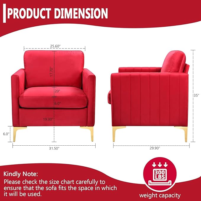 Velvet Accent Chairs Set of 2 Modern Accent Chairs with Gold Metal Legs Upholstered Reading Armchair Small Sofa Chair for Living Room Bedroom Office (Red)