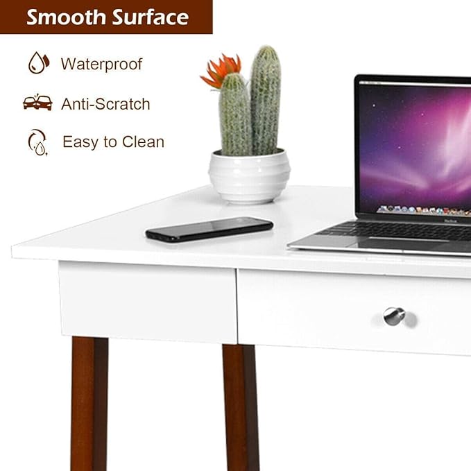 Moccha Writing Desk Computer Laptop Table w/Storage Drawer Solid Wood Frame Makeup Dressing Vanity Desk for Home Large Space Study Table Workstation for Office Sturdy and Durable Easy Assembly