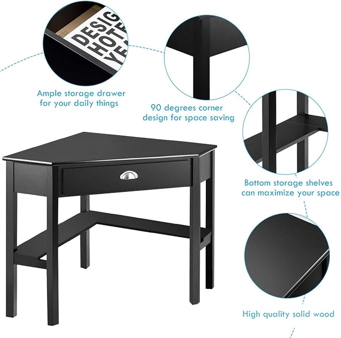 Tangkula Corner Desk Corner Computer Desk with Drawer for Small Space Small Corner Makeup Vanity Desk 90 Degrees Triangle Corner Desk with Storage Shelves
