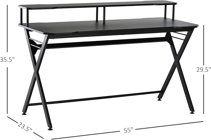 HOMCOM 55 inch Gaming Desk Racing Style Computer Office PC Gamer Workstation with Elevated Monitor Stand Headphone Hook Black