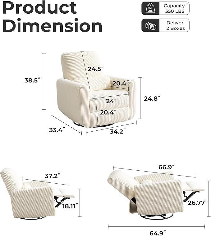 360° Swivel Glider Recliner Chair Oversized Rocker Recliner with Heating and Massage Glider Chair for Nursery with Pillow24 Extra Wide Rocking Chair for Living Room Corduroy Beige