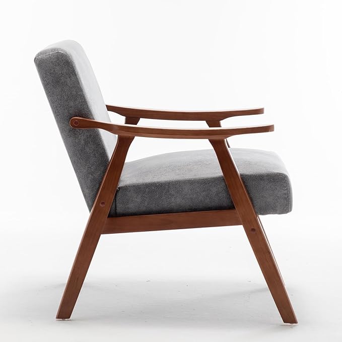 Mid Century Modern Accent Chair with Solid Wood Frame Fabric Microfiber Upholstered Armchair for Bedroom Reading Room Living Room and Lounge Grey