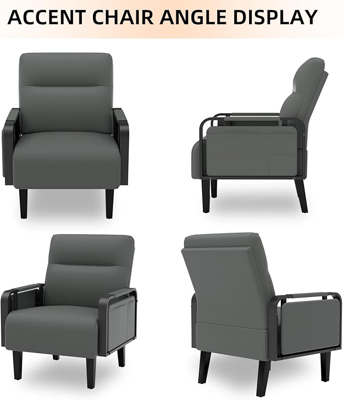 Modern Accent Chair Mid Century Armchair with Side Table &amp Wood LegsUpholstered Faux Leather Sofa Side Chairs for Living Room Reading OfficeBedroom(Grey)