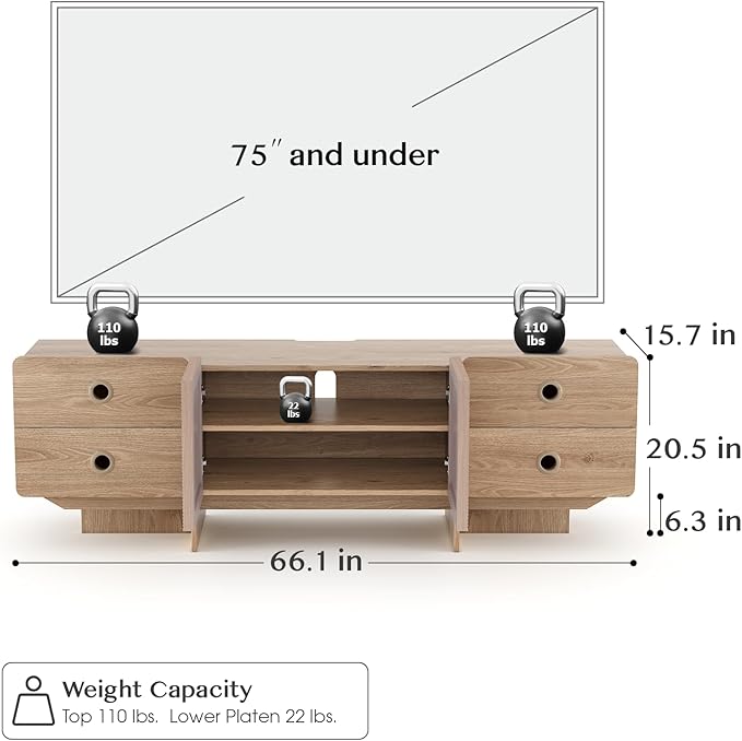 66 Fluted TV Stand Boho TV Consoles for Living Room Modern Entertainment Center with Storage Media Console Cabinet for 75 inch TV(Oak)