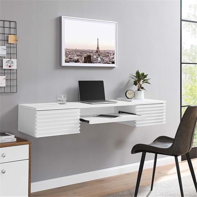 Pemberly Row Wall-Mount Office Desk 60 in Wide Particleboard with Wood Grain Laminate White Finish Pull-Out Keyboard Tray Full-Extension Drawers Mid-Century Modern Style for Home Office or Dorm