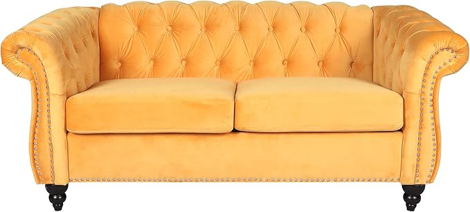 LEVNARY Velvet Sofa Chesterfield Tufted Upholstered 2 Seater Couch Modern Loveseat Couch Classic Furniture for Living Room Bedroom (Yellow)
