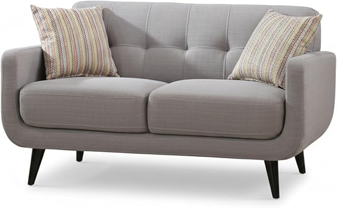 AC Pacific Crystal Collection Mid Century Modern Living Room Furniture Tufted Back Solid Espresso Legs Plush Upholstery Accent Piece with Minimal Assembly Loveseat Grey