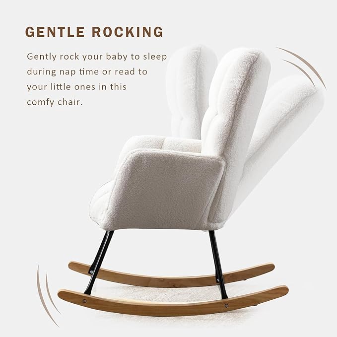 Swinging Chair Daycare Teddy Cushion high backrest Gliding Joystick Reading Chair Modern Swinging Accent Chair Gliding Lounge Chair Suitable for Living Room Daycare Bedroom (Ivory)