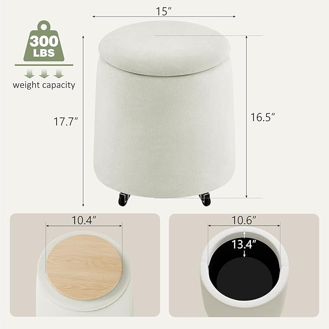 Storage Ottoman with Wheels 15“W Swivel Rolling Foot Stool Boucle Terry Fabric Coffee Table Ottoman with Hidden Storage Round Vanity Stools for Makeup Room Living Room Bedroom Entryway Dorm Beige