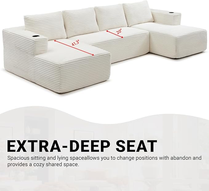 132 Modular Sectional Sleeper Sofa Boneless Cloud Couch for Living Room U Shaped 5 Seat Sofa with 2 Cup Holders Free Combination No Assembly Required (Beige)