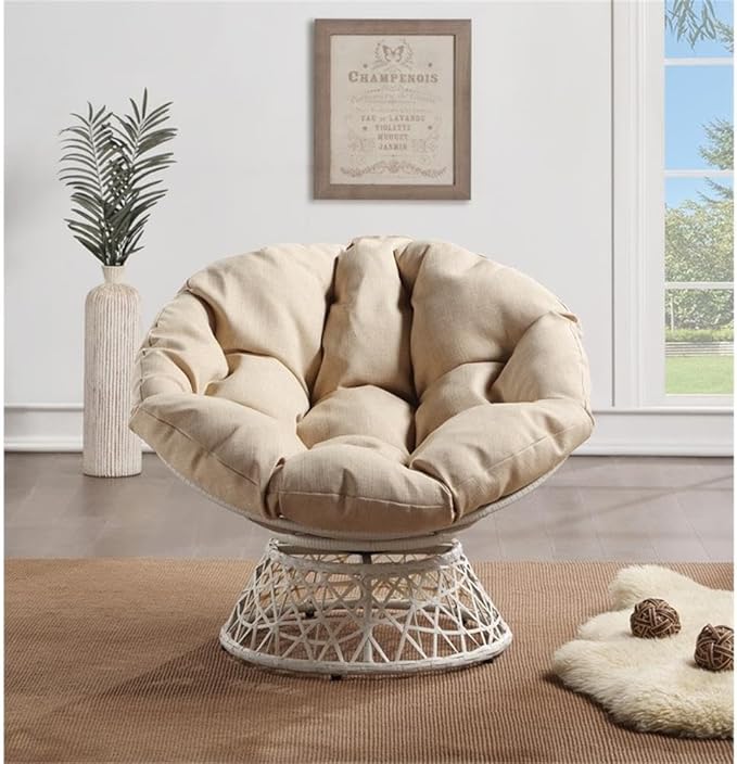Pemberly Row Accent Chair Cream Wicker Weave with Round Fabric Pillow Cushion 360° Swivel Resin Wicker Metal Frame 40 W x 36 D x 35.25 H Casual Living Room or Dorm Seating