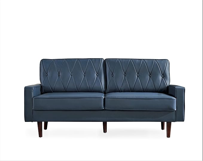 Container Furniture Modern Style Faux Leather Sofa with Elegant Round Tapered Legs and Button Tufted Backrest Perfect for Living Room Bedroom or Home Office 69.3’’ Wide Blue