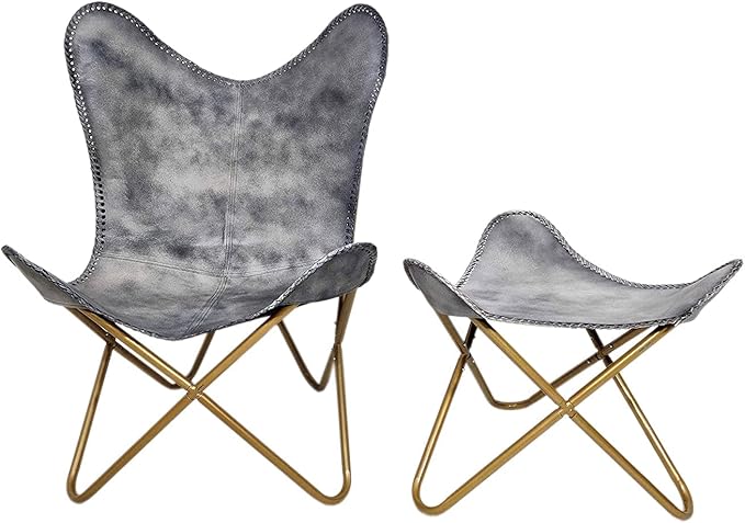 PLW Handmade Gray Leather Butterfly Chair with Ottoman – Folding Lounge Chair Set with Gold Iron Frame Vintage Accent Seating for Living Room Bedroom or Office