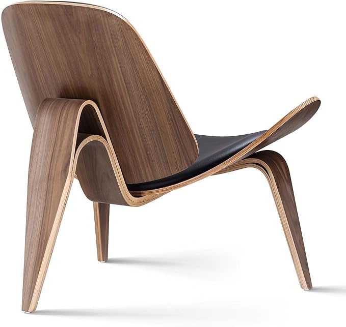 Mid Century Modern Shell Lounge Chair PU Leather Tripod Plywood Classic Design Solid Wood Accent Chairs for Living Room Reading Lounge Office Salon(Walnut)