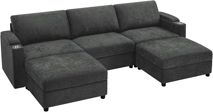 108'' Chenille Sectional Couch with Storage ArmrestsU Shaped Upholstered Sofa with 2 Movable Ottomans 5-Seat Modular Couch with Cup Holders for Living Room Grey