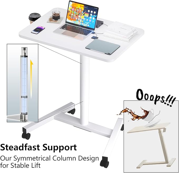 28-Inch Mobile Standing Desk Computer Workstations with Cup Holder Portable Standing Desk with Lockable Wheels Rolling Table for Home Office Classroom Hospital (Snow-White Steel Classic)