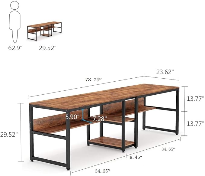 Tribesigns Two Person Desk with Bookshelf 78.7 Computer Office Double Desk for Two Person Rustic Writing Desk Workstation with Shelf for Home Office (Brown)