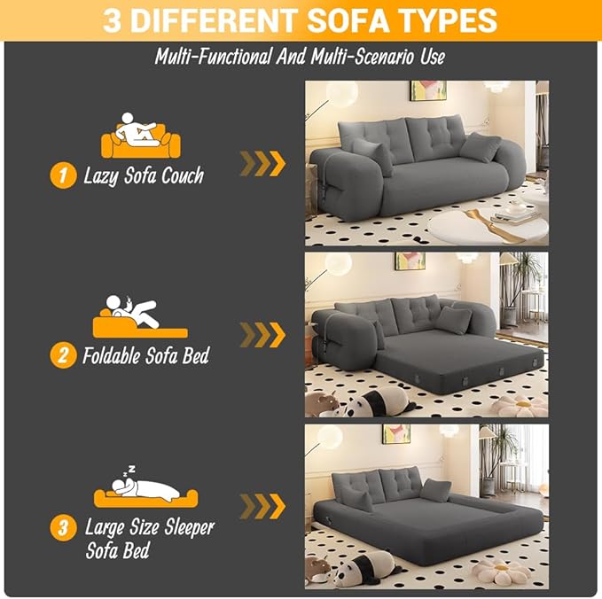 LUMISOL 78.7 Multi-Functional Foldable Sofa Bed 3-in-1 Teddy Fabric Foam-Filled Sleeper Sofa Bed for Living Room Guestroom Playroom Gray