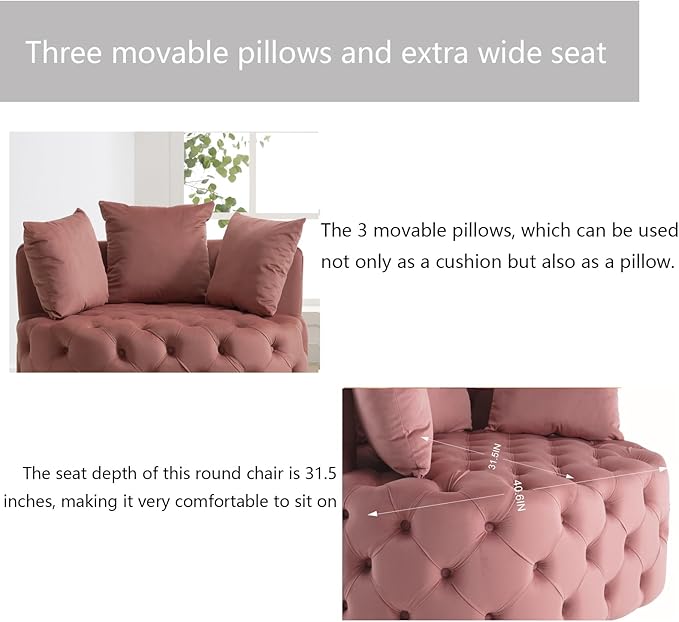 Round Accent Chair 40” Modern Velvet Sofa Chair with 3 Pillows Comfy Upholstered Tufted Club Lounge Chair for Living Room Bedroom Pink