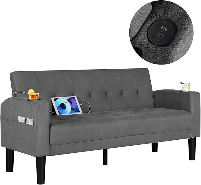 AILEEKISS 62 Loveseat Couches Upholstered Fabric Linen Love Seat Sofas Couch with 2 USB Cup Holders Side Pocket Modern Tufted Sofa for Living Room Office Bedroom Apartment (2-Seat Dark Grey)