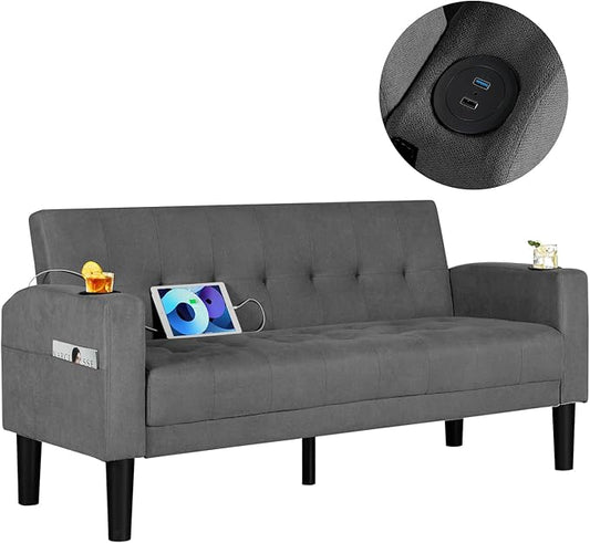 AILEEKISS 62 Loveseat Couches Upholstered Fabric Linen Love Seat Sofas Couch with 2 USB Cup Holders Side Pocket Modern Tufted Sofa for Living Room Office Bedroom Apartment (2-Seat Dark Grey)