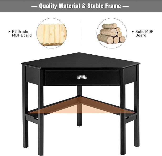 LDAILY Small Corner Desk Triangle Makeup Vanity Desk for Small Space Compact Writing Desk with Storage Shelves &amp Drawer Space Saving Corner Computer Desk for Bedroom Home Office