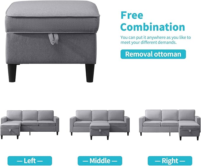 CECER 4 Piece Living Room Sectional Sofa Set with Ottoman and Side Pockets Modern Linen 6 Seaters Couch Set 3-Seater Sofa &amp Love seat &amp Armchair Set for Living Room/Office/Apartment - Light