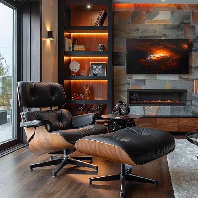 Top Black Grain Leather Mid Century Chaise Lounge Chair and Ottoman Modern Chair Classic Design Walnut Wood Heavy Duty Base Support for Living Room Office