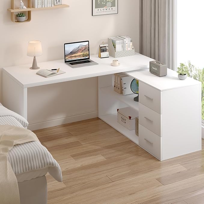 HSH White L Shaped Desk with Drawers Shelves Corner Home Office Desk L Shape with Storage Cabinet Large Wood Computer Desk for PC Executive Work Writing Study Modern Living Room Bedroom Table60 In