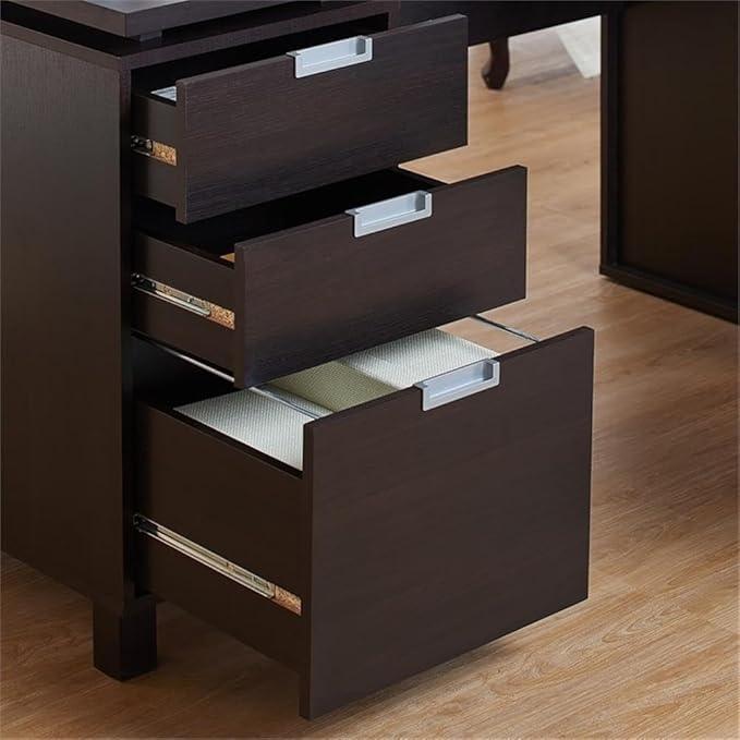 Scranton &amp Co Modern 3-Drawer Wood/Steel Office Desk 59 in Wide Espresso Finish Built-in Filing Cabinet Open Shelves Chrome Accents Particle Board Construction Home Office Desk for Workspac