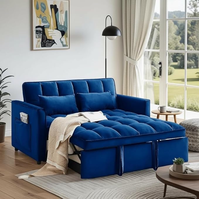 Convertible Sofa Bed Pull Out Couch with Side Pockets 3 in 1 Velvet Fabric Loveseat Sleeper Sofa Bed Pull Out Couch with Adjustable Backrest for Living Room Bedroom Apartment Blue