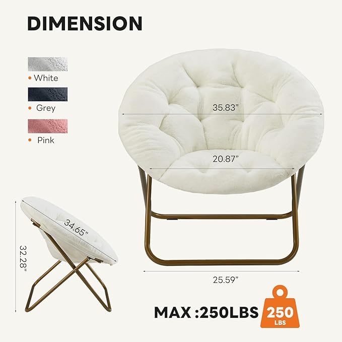 Sweetcrispy Saucer Chairs Comfy Folding Cozy Faux Fur Living Room Reading Lounge Chair with Soft Thick Padded Seat &amp Metal Frame Modern Style Bedroom Home Dorm for Kids Adults X-Large - Cream