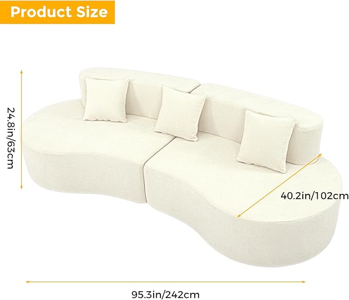 Modern Curved Sectional Sofa Couch 95 Beige - Cloud Fleece Upholstered 4-Seater Modular Boneless Couches for Living Room Office Apartment