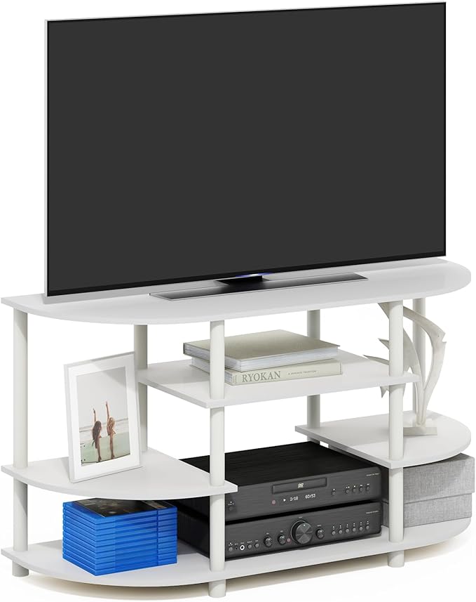Furinno Jaya TV Stand 4-Tier Open Shelf Design Corner Entertainment Center with Round Corner TV Console for TV up to 46 Inch Toolless Assembly for Living Room Bedroom White
