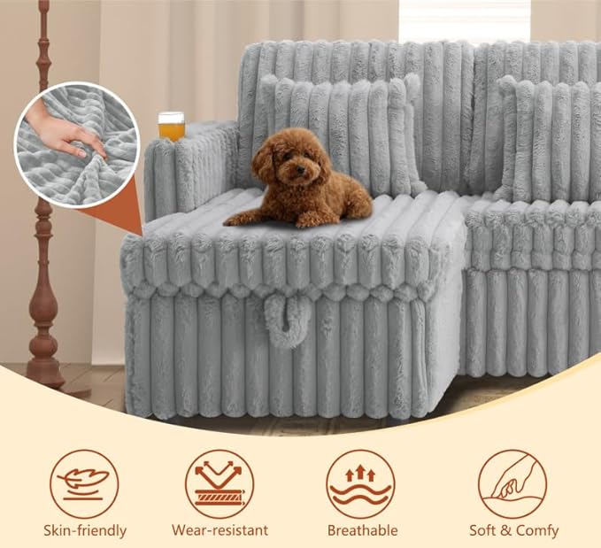 KEIKI 107 U-Shaped Convertible Corduroy Sectional Sofa with Double Storage Chaise &amp Square Arms &amp Pull-Out Bed Oversized Fluffy 5-Seater Sleeper Couch Easy Assembly for Living Room Light