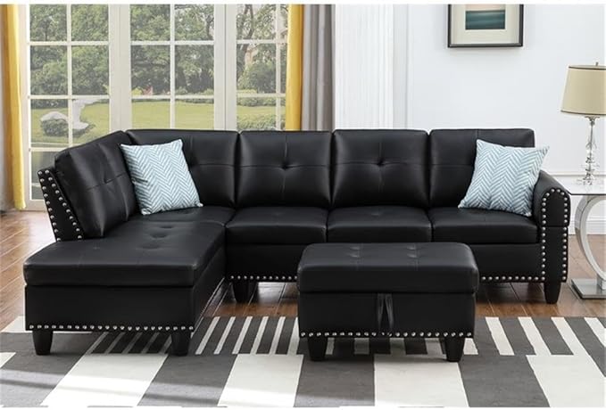 Devion Furniture Transitional PU Faux Leather Sectional Sofa with Lift-top Storage Ottoman for Living Room in Black Finish