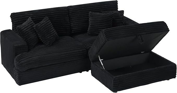 82 Inches Corduroy Square Arms Loveseat Sofa with One Storage Ottoman Comfy Deep Seat Modular Sectional Futon Couch with 4 Throw Pillows for Living Room Bedroom Office (Black)