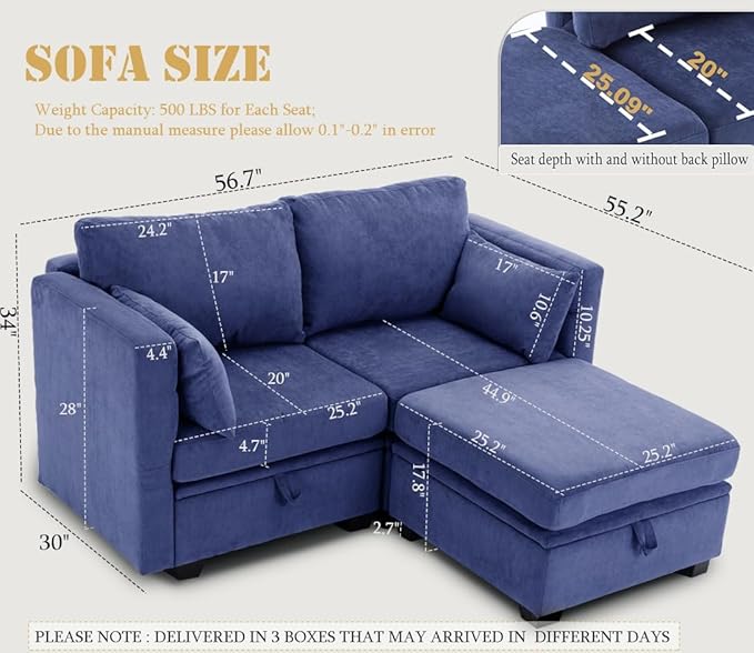 Loveseat with Storage Seats Modular Sectional Small Couch for Small Spaces with Reclining Arms and Backs 2 Seater Couch with 2 Ottoman Mini Sofa Love Seat for BedroomDorm Room Living Room(Blue)