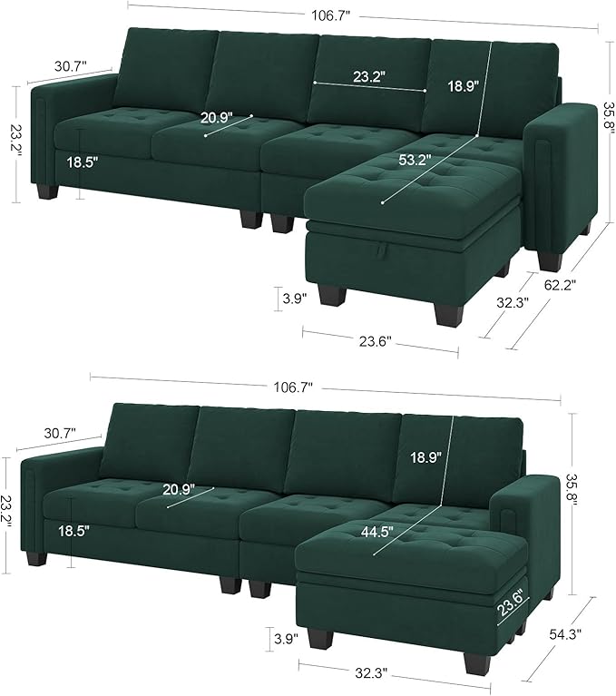Belffin Velvet Reversible Sectional Sofa with Chaise Convertible L Shaped 4-seat Sectional Couch with Storage Ottoman Green