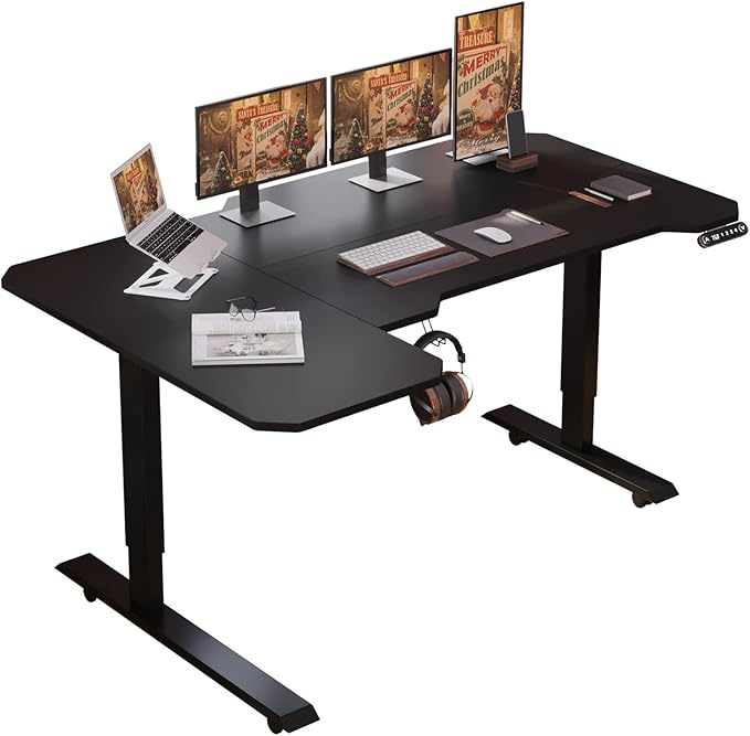 L-Shaped 59 Height Adjustable Electric Standing Desk Sit and Stand Up Computer Desk For Home Office with Splice Board (Black Top Black Frame)