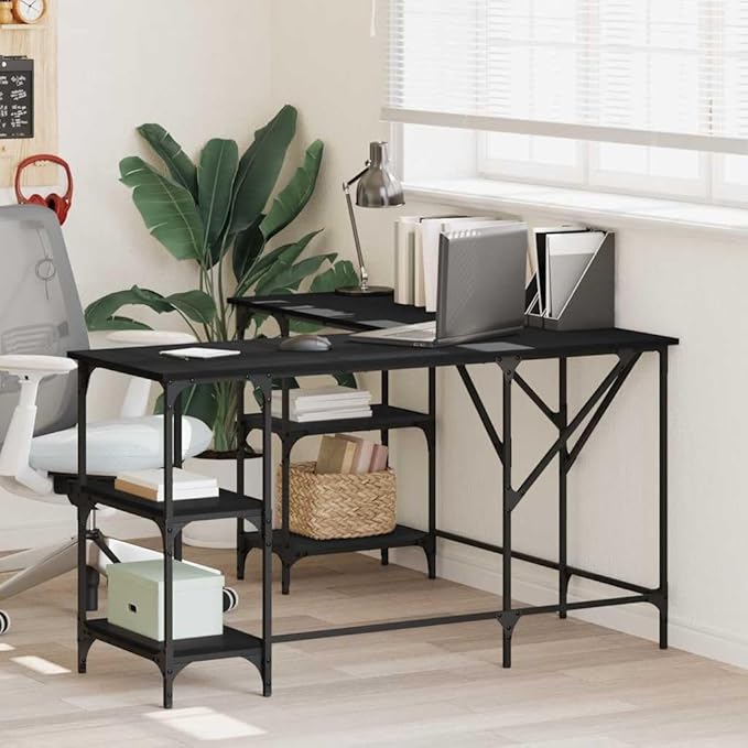 Large Black Engineered Wood Corner Desk Industrial Style Adjustable Feet Computer Desk for Home Office Study Dorm Room