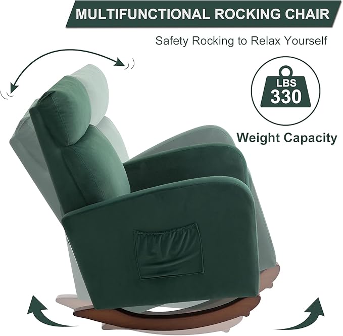 AVAWING Upholstered Rocking Chair Comfortable Glider Rocker with Solid Wood Legs High Back Modern Rocker with Side Pocket for Nursery Living Room and Bedroom Green