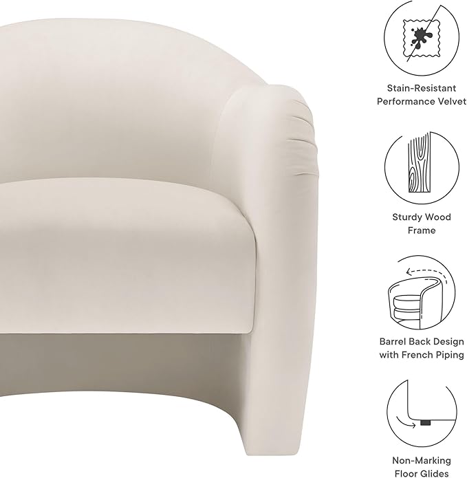 Modway Compose Barrel Chair with Performance Velvet Fabric in Alabaster – Upholstered Accent Armchair with Curved Backrest – Cozy Lounge Chair for Reading – Round Comfy Single Sofa Club Chair