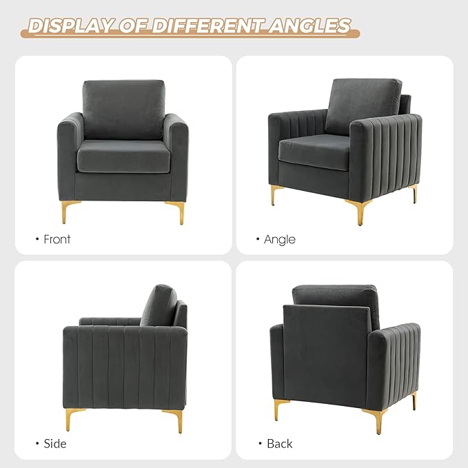 HULALA HOME Velvet Accent Club Chair Modern Velvet Armchair Upholstered Accent Sofa Chair with Gold Metal Legs Mid-Century Barrel Leisure Comfy Reading Armchair Grey
