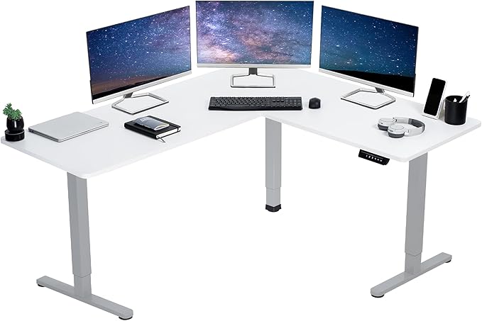 VIVO Corner Standing Desk 63 x 55 inch Reversible L-Shaped Workstation Electric Height Adjustment Home Office and Reception Rooms White Table Top Gray Frame DESK-E3CTGW