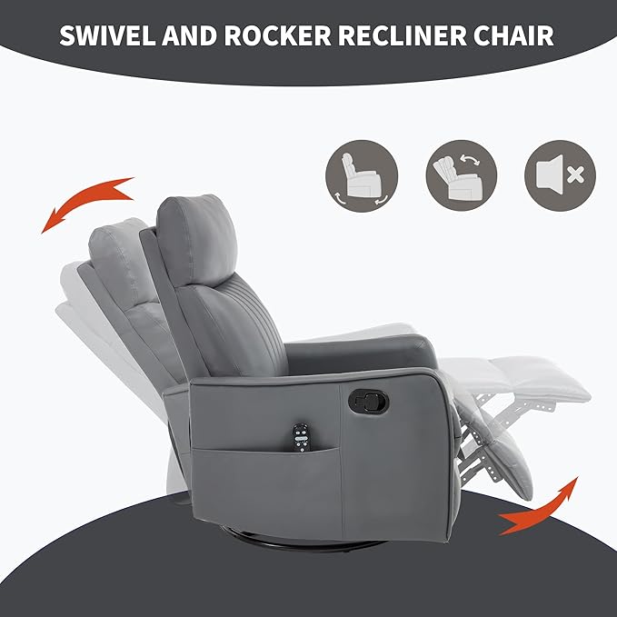 High Back Massage Recliner with Heat - Swivel Rocking Chair for Small Spaces Manual Lazy Boy Recliner for Adults Perfect for Living Room &amp Bedroom Soft Fabric (Grayish Green)